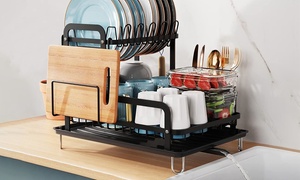 NewHome 2-Tier Dish Drying Rack w/ Drain Board, & Utensil & Cutting Board Holder